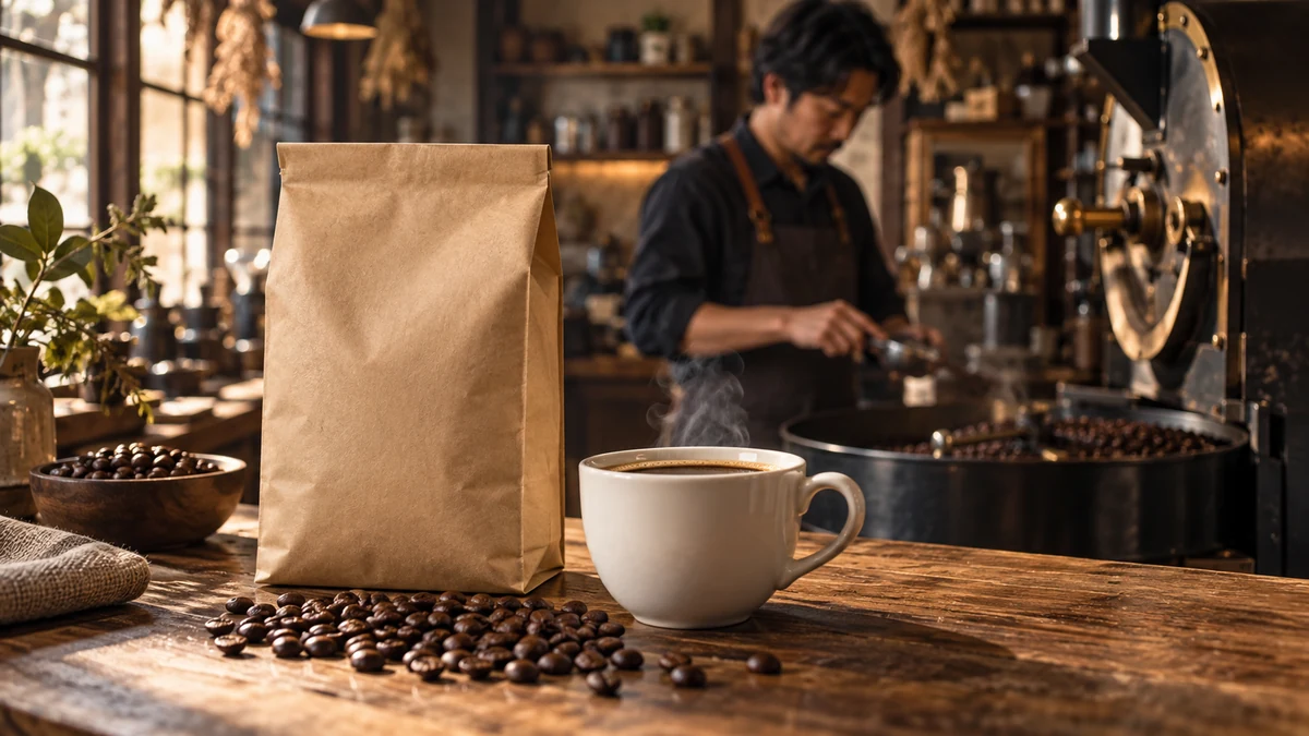 企業向け動画のイメージ。コーヒーの商品と、店主の仕事風景を伝える一場面