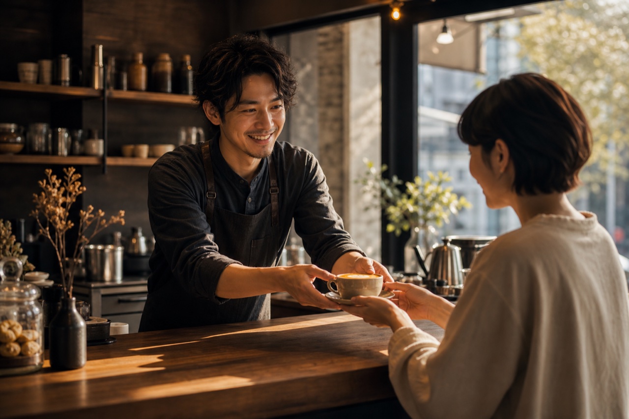 地域のカフェで店主がお客様へ飲み物を手渡す、人物中心のAI CM制作を表現したAI生成イメージ