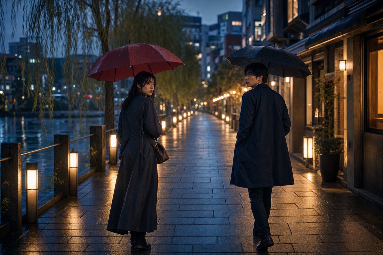 雨の歩行者専用の石畳ですれ違った二人が振り返る場面を描き、自由な物語映像を表現したAI生成イメージ
