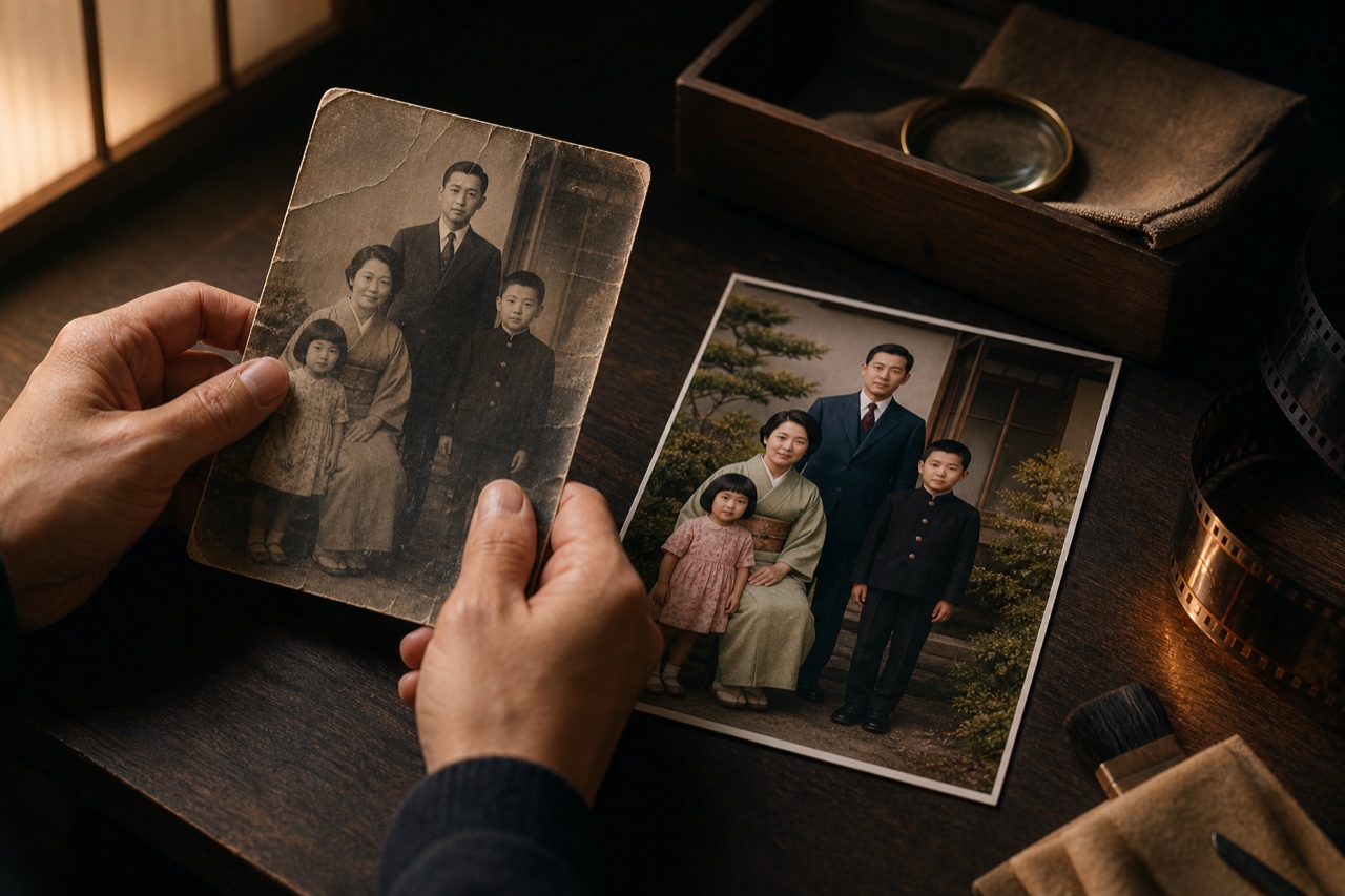 古い白黒の家族写真と、自然な色彩へ修復された写真を並べたAI生成のサービスイメージ